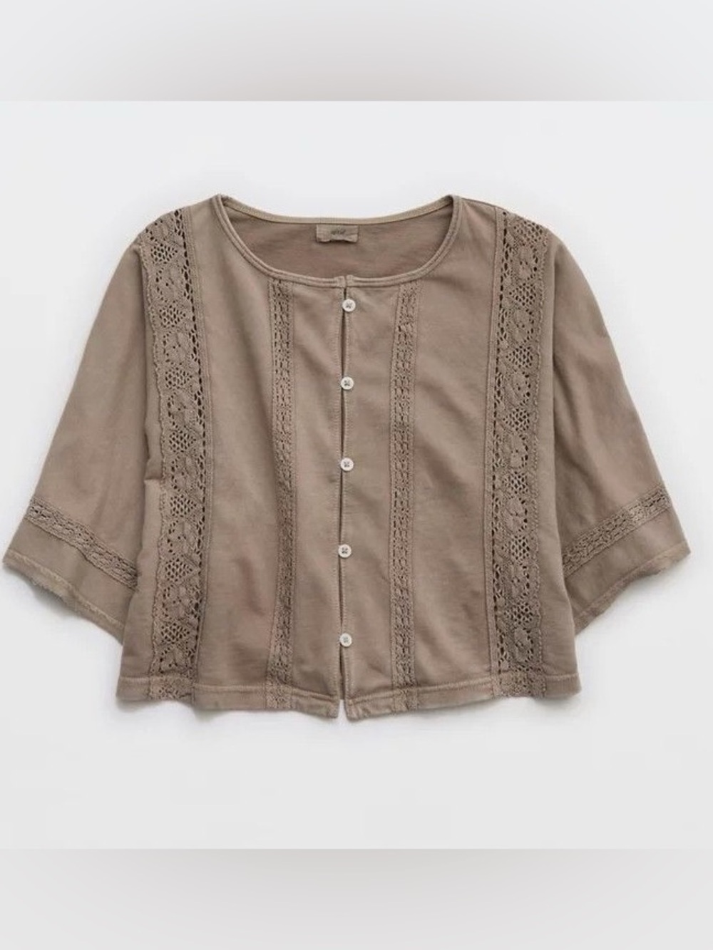 Aerie Taupe Crochet-Trim Button-Down Top